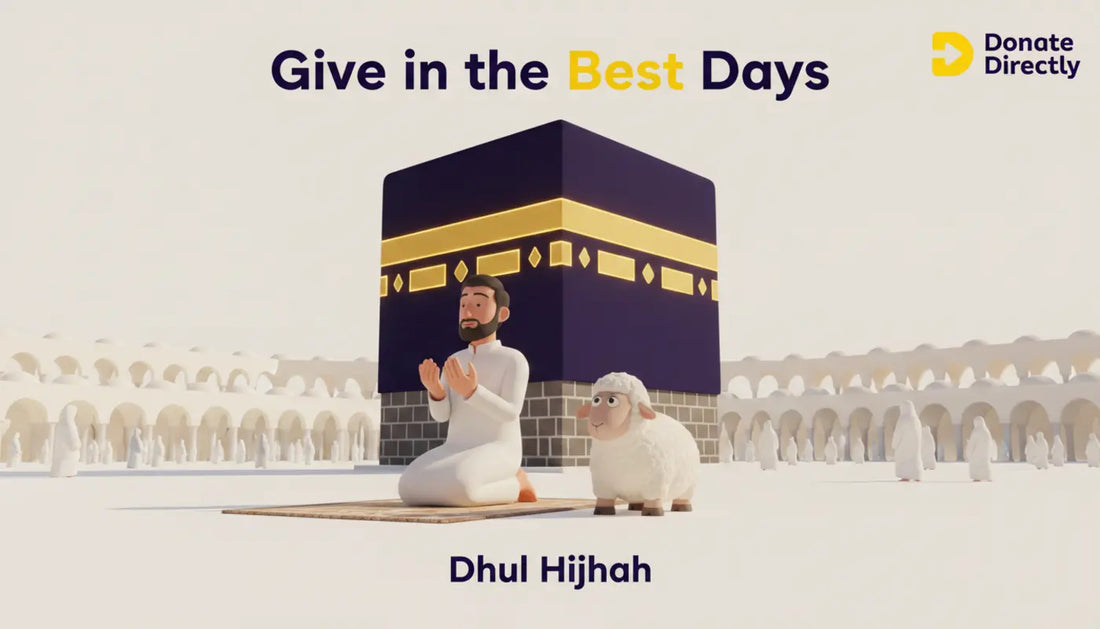 Worshipper in ihram making dua beside sheep with Kabah during Dhul Hijjah giving guide