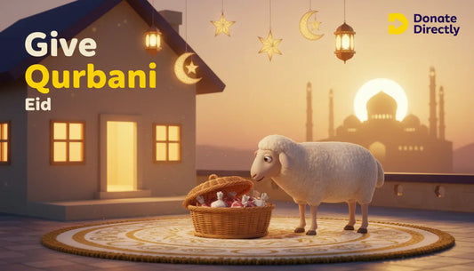 Sheep delivering Qurbani basket in courtyard at Eid sunrise, Donate Directly campaign