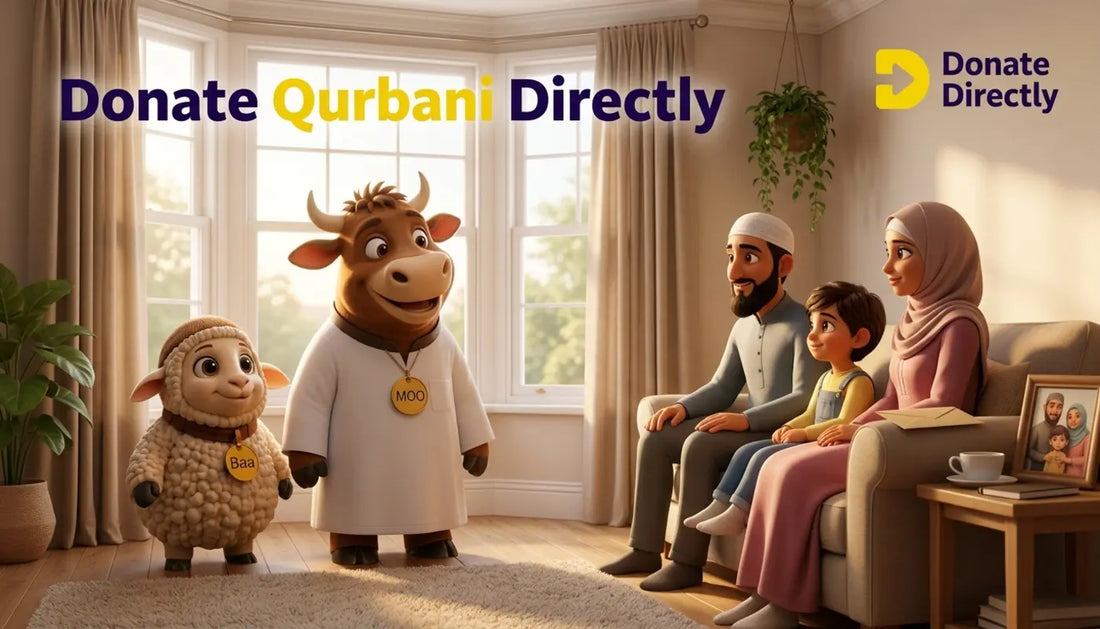 Moo and Baa stand in a cosy UK living room during Hajj season with a family nearby, warm light streaming through a window, with the heading Donate Qurbani Directly.