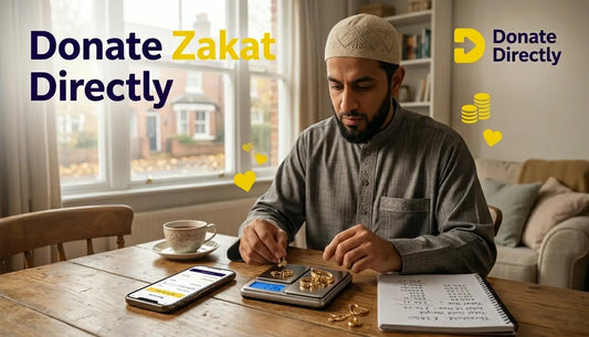 UK Muslim calculating Zakat on gold jewellery at home using scale and phone.
