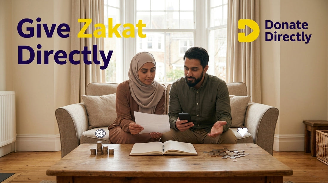 UK Muslim couple deciding between Zakat and Sadaqah donations at home